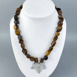 Vintage Sterling Silver 925 Tiger's Eye Pewter Maple Leaf Pendant Necklace 18"